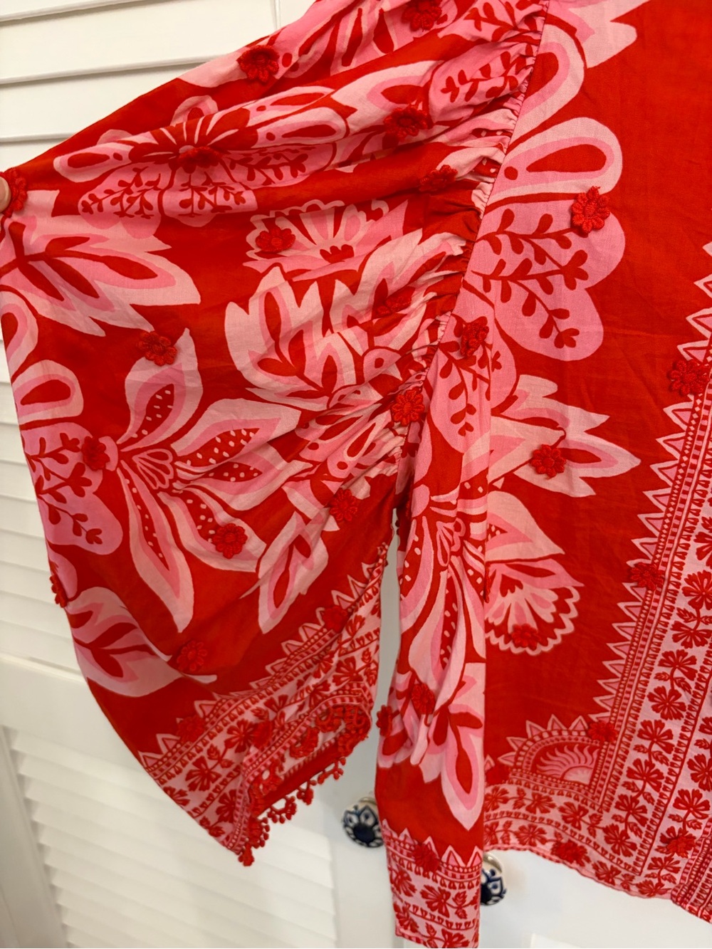 Farm Rio Red Floral Puff-Sleeve Blouse, Sz L - Picture 6 of 7